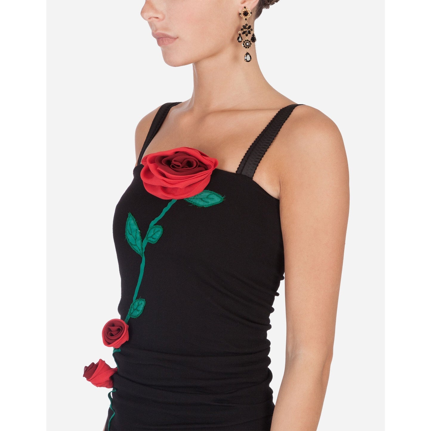 DOLCE & GABBANA Black Runway Rose Applique Fitted Long Dress Red S 40