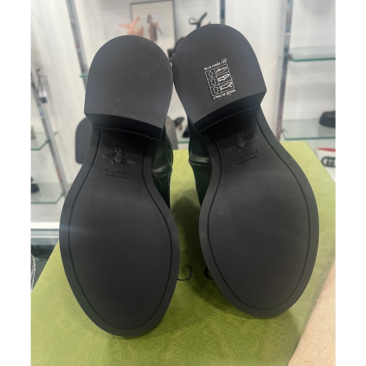 Gucci Double G Marmont Leather Combat Ankle Boots Lace up Black Gold