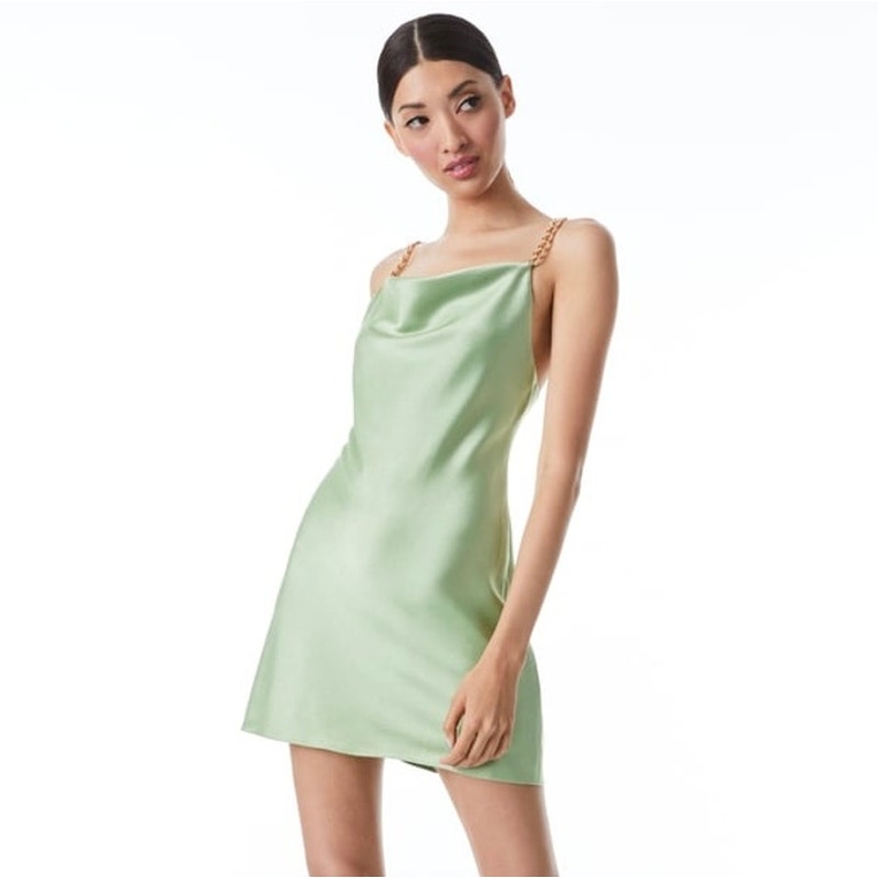 Alice + Olivia Harmony Chain Drapey Mini Slip Dress Seafoam Gold