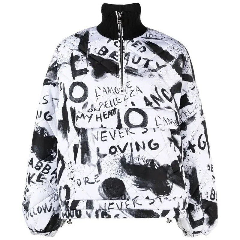 Dolce & Gabbana Black White Graffiti Logo Print Puffer Coat