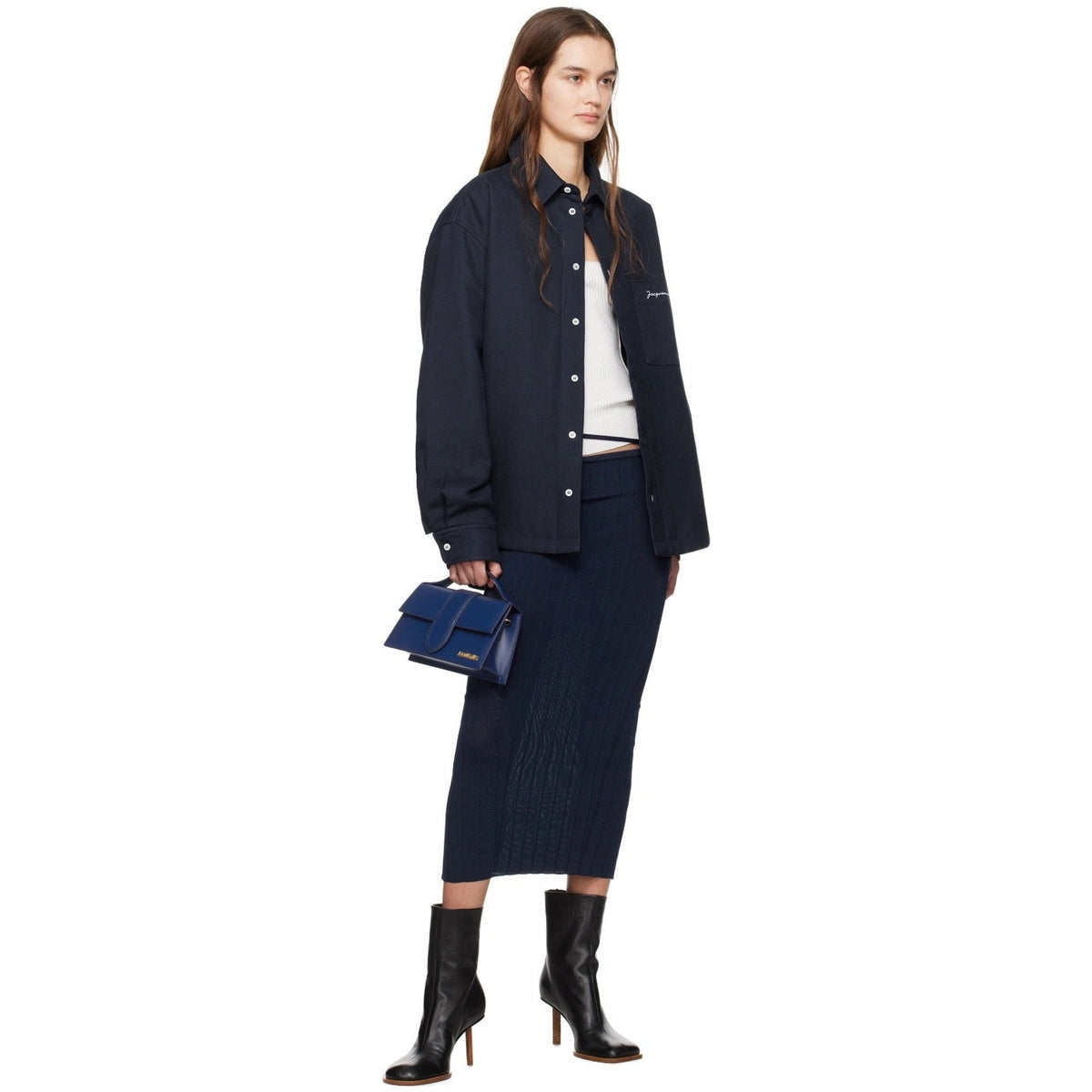 NWT Jacquemus Navy Le Grand Bambino Leather Crossbody Bag Blue Gold Logo