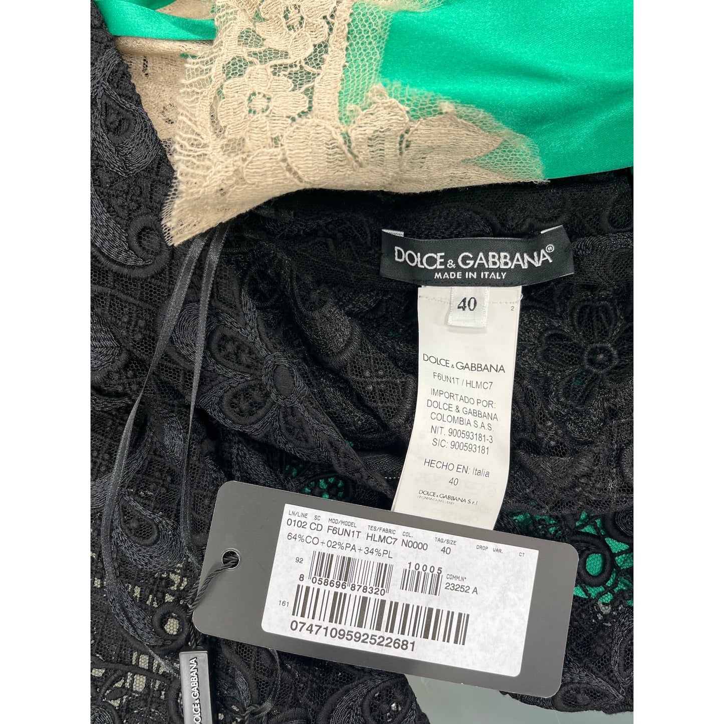 Dolce & Gabbana Black Green Long-Sleeve Lace Dress Contrast Slip