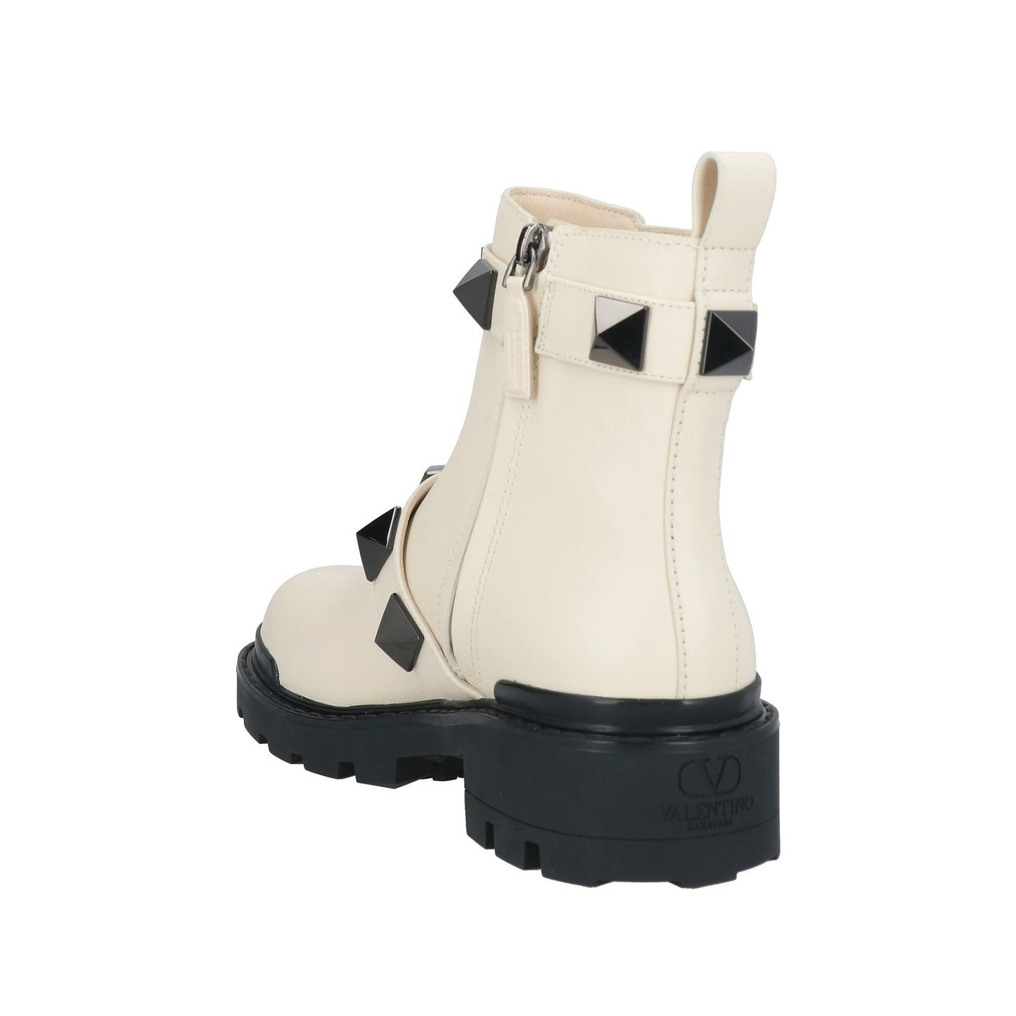 Valentino Garavani Roman Stud Ankle Boots in Calfskin Ivory Black 36