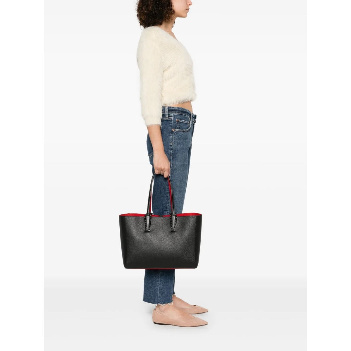 Christian Louboutin Cabata Small Calf leather spikes Tote Bag Black Red