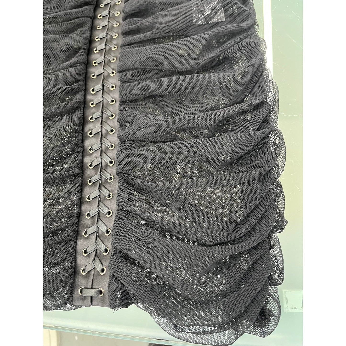 DOLCE & GABBANA Black Ruched Tulle Lace-Up Corset Dress Mini 42 M