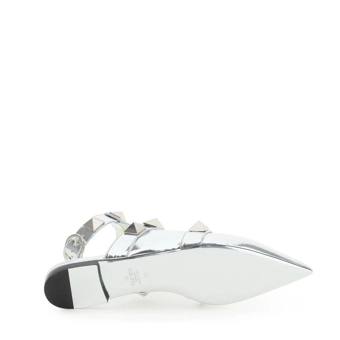 Valentino Garavani Silver Roman Stud Ballerina Flat Ankle Strap 36.5