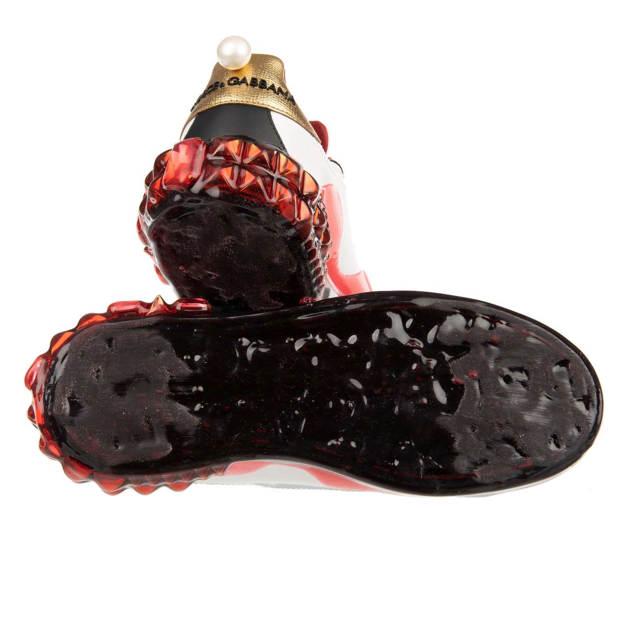 Dolce & Gabbana Portofino Calfskin Heart Rhinestone Sneakers White Red 34