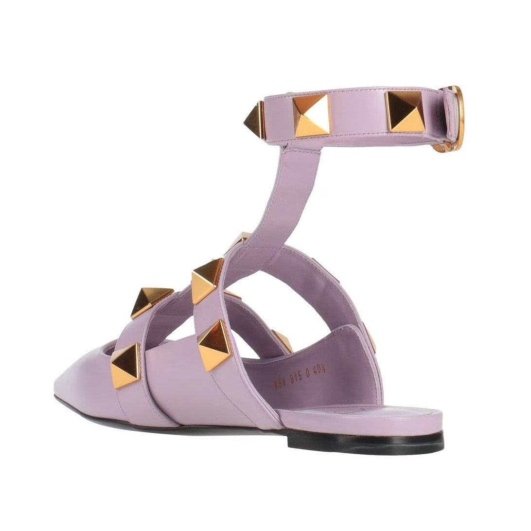 Valentino Garavani Lilac Roman Stud Flat Leather Ankle Strap Gold 35.5