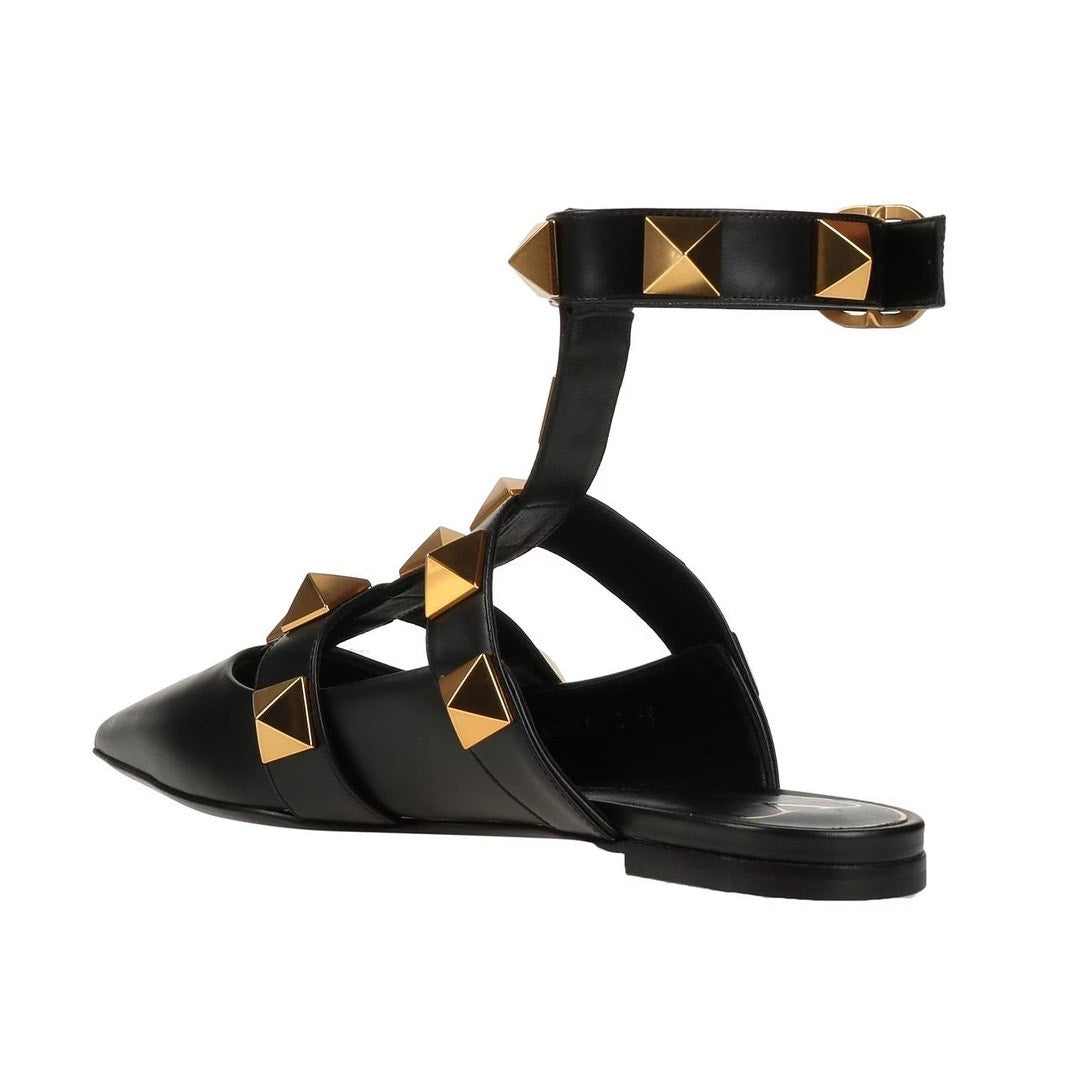 Valentino Garavani Black Roman Stud Flat Leather Ankle Strap Gold 35