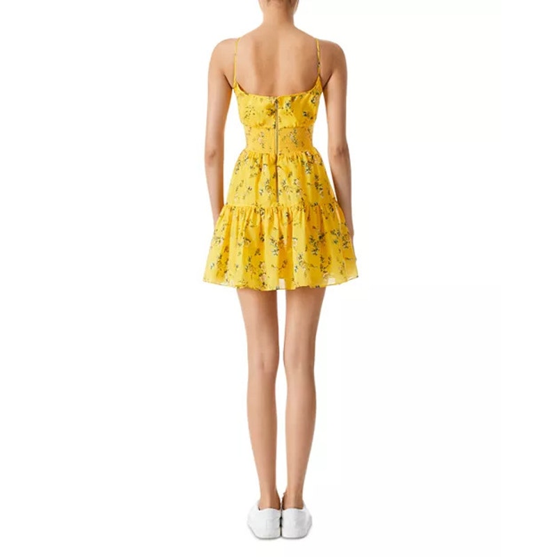 Alice + Olivia Lai Smocked Floral cotton Silk voile mini dress Yellow