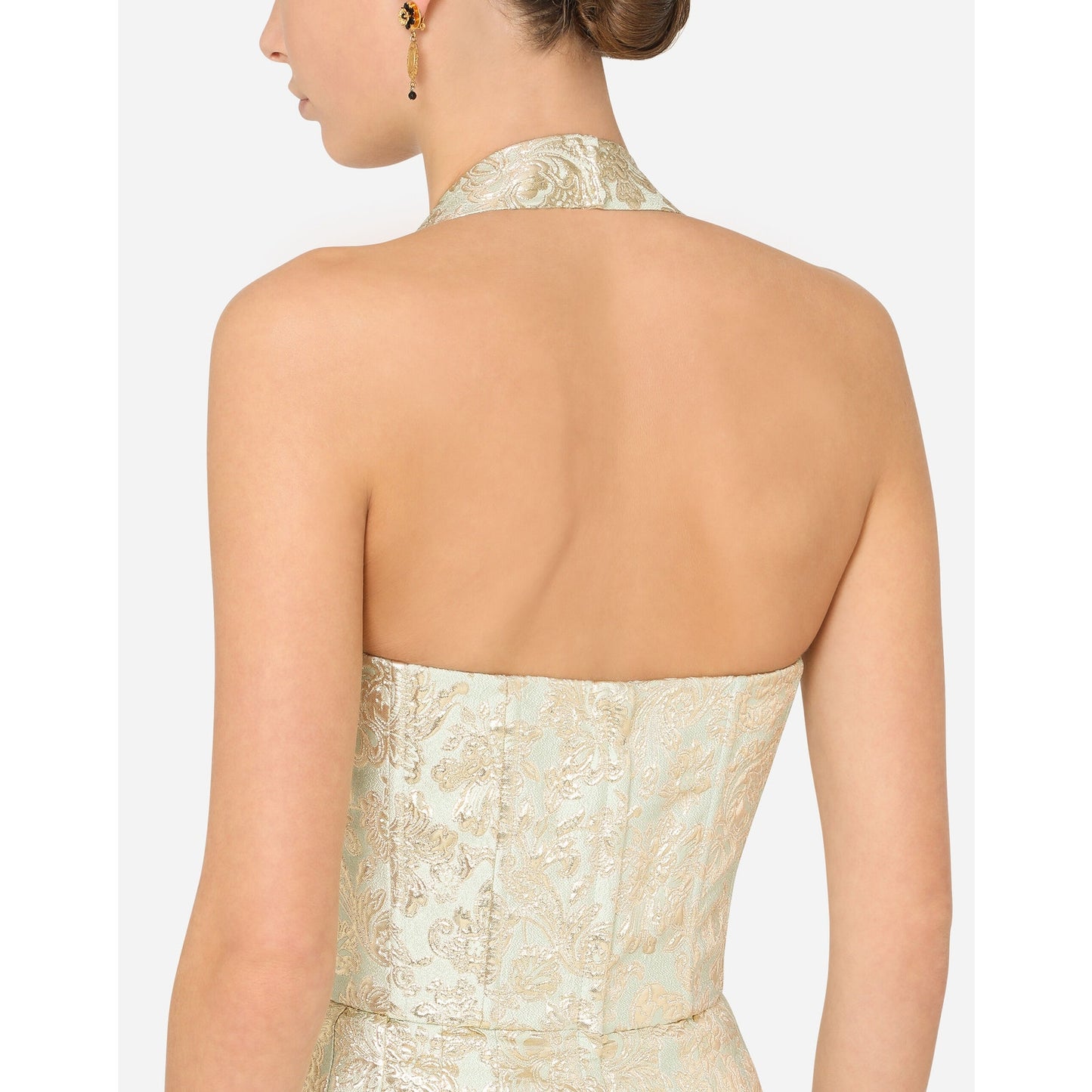 NWT DOLCE & GABBANA Gold Bustier Midi Pleated Dress Lame Jacquard 40 S