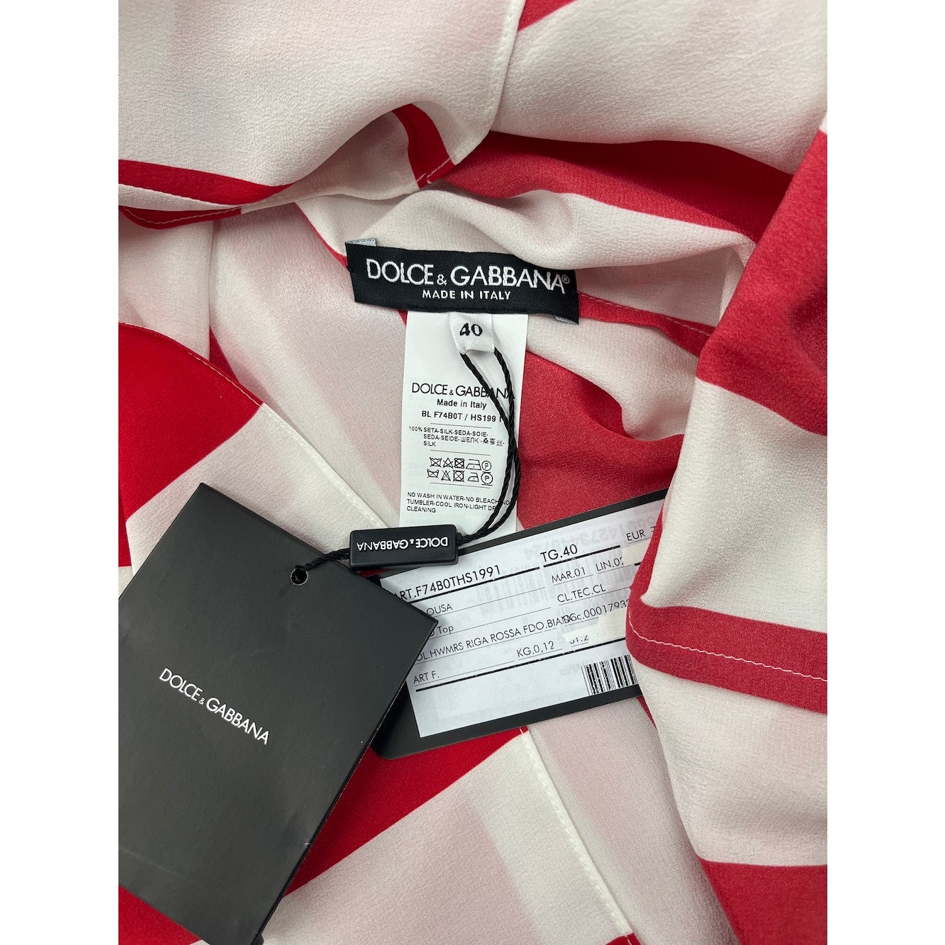 NWT Dolce & Gabbana Red White Striped Silk Crepe De Chine Blouse IT 40 S
