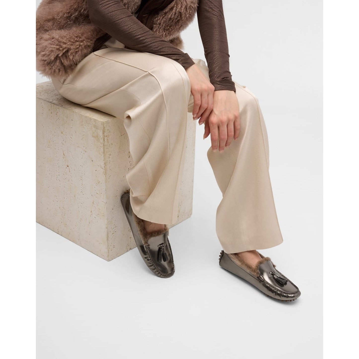 Brunello Cucinelli Monili-embellished Metallic Lamb Shearling Fur Driver Loafers