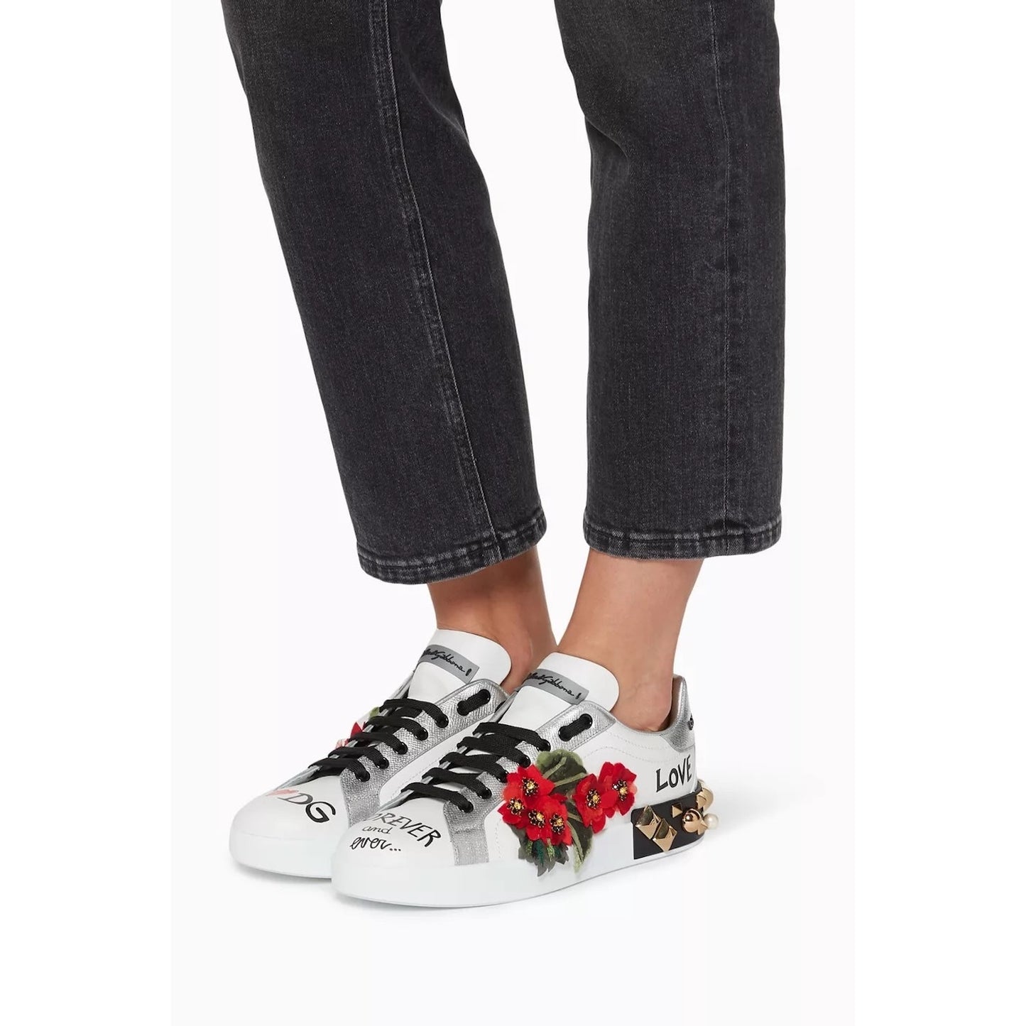 Dolce & Gabbana Portofino Leather Sneakers Geranium studs