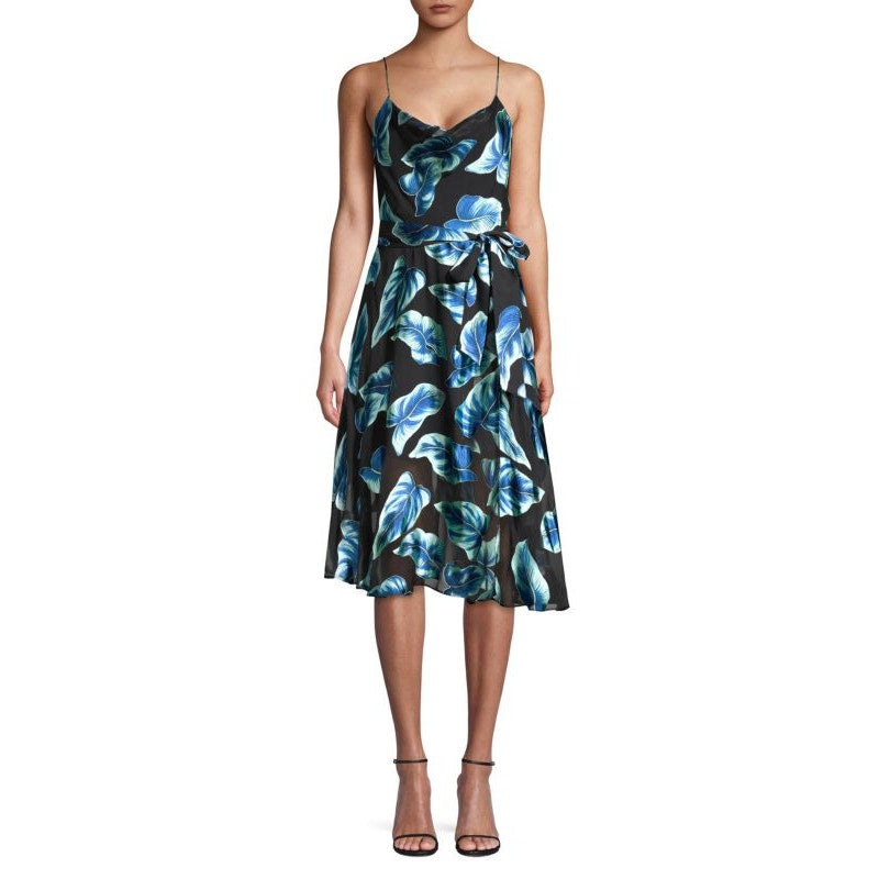 Alice + Olivia Heather Cowlneck Floral Midi Dress Navy Blue 6