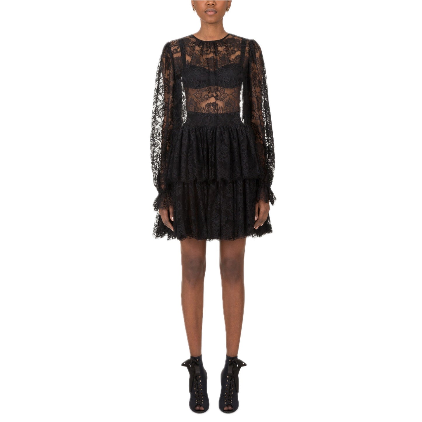 NWT Dolce & Gabbana Black Ruffled Short Lace Dress 40 S
