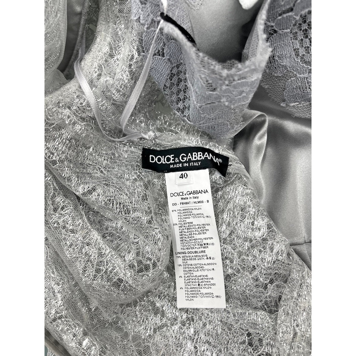 NWT DOLCE & GABBANA Cordonetto Lace Midi Dress Long Sleeves Silver 40 S