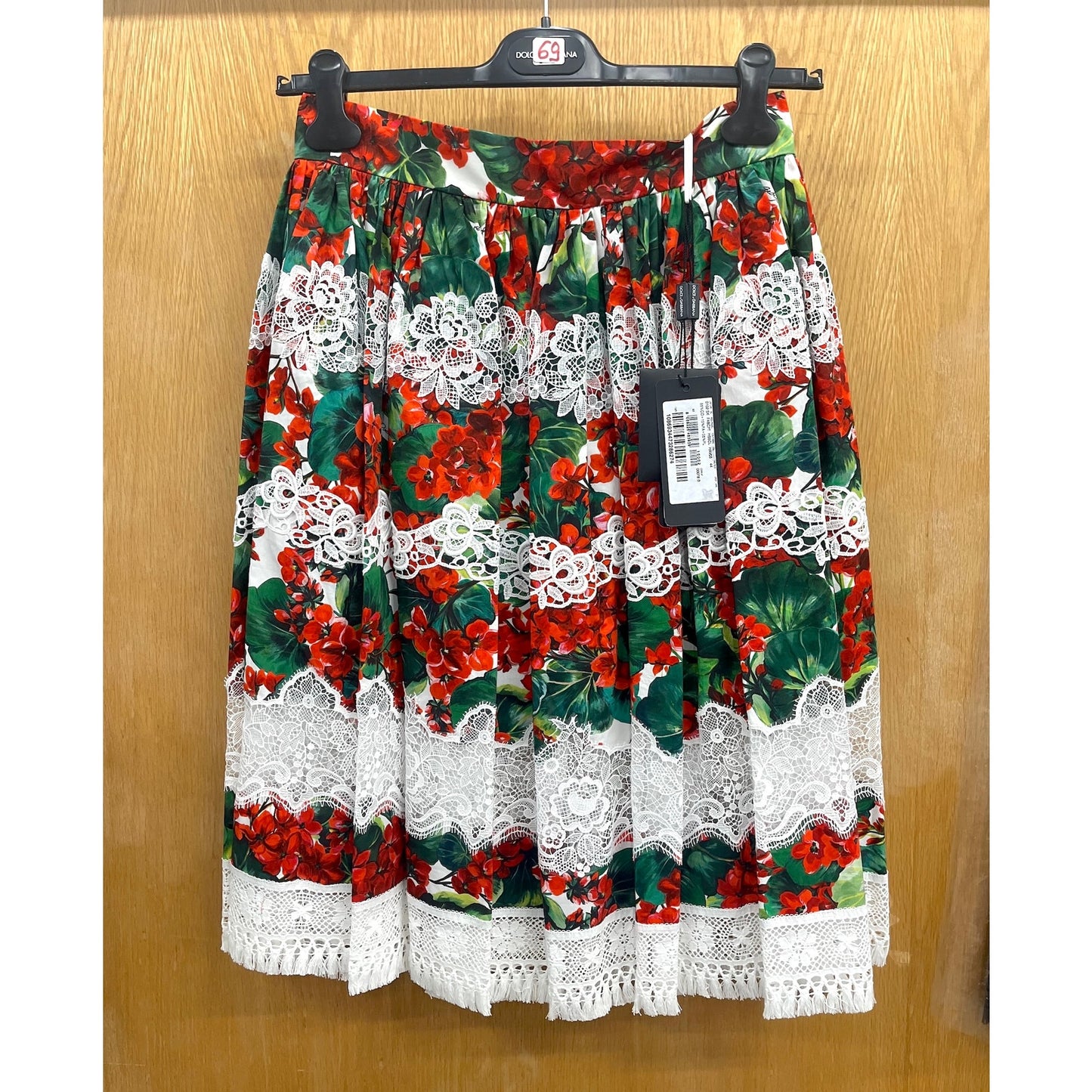 NWT Dolce & Gabbana Red Portofino Geranium print Poplin Lace Midi Skirt IT 42 US M