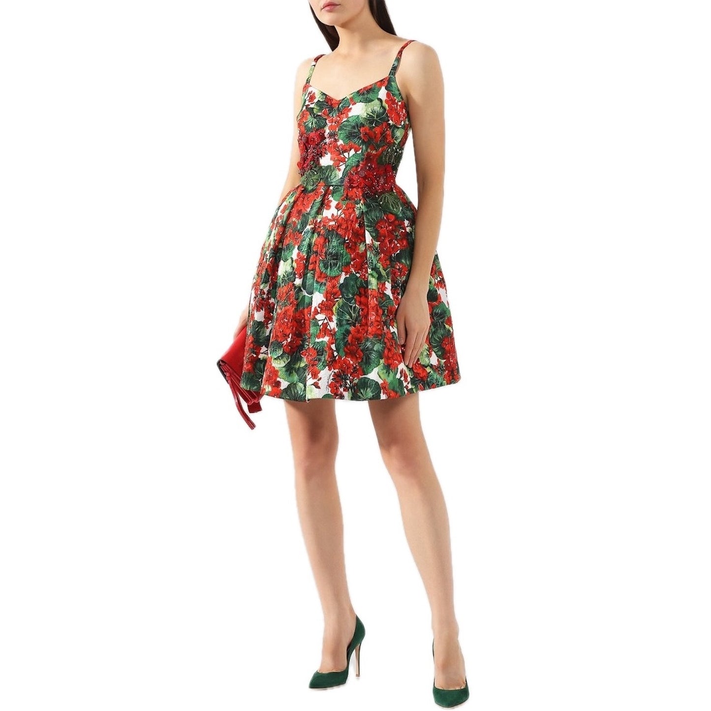 NWT Dolce & Gabbana Red Floral Geranium Pleated Mini Dress IT 42 M