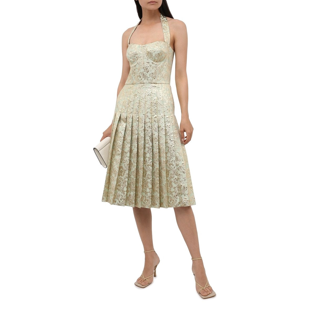 NWT DOLCE & GABBANA Gold Bustier Midi Pleated Dress Lame Jacquard  40 S