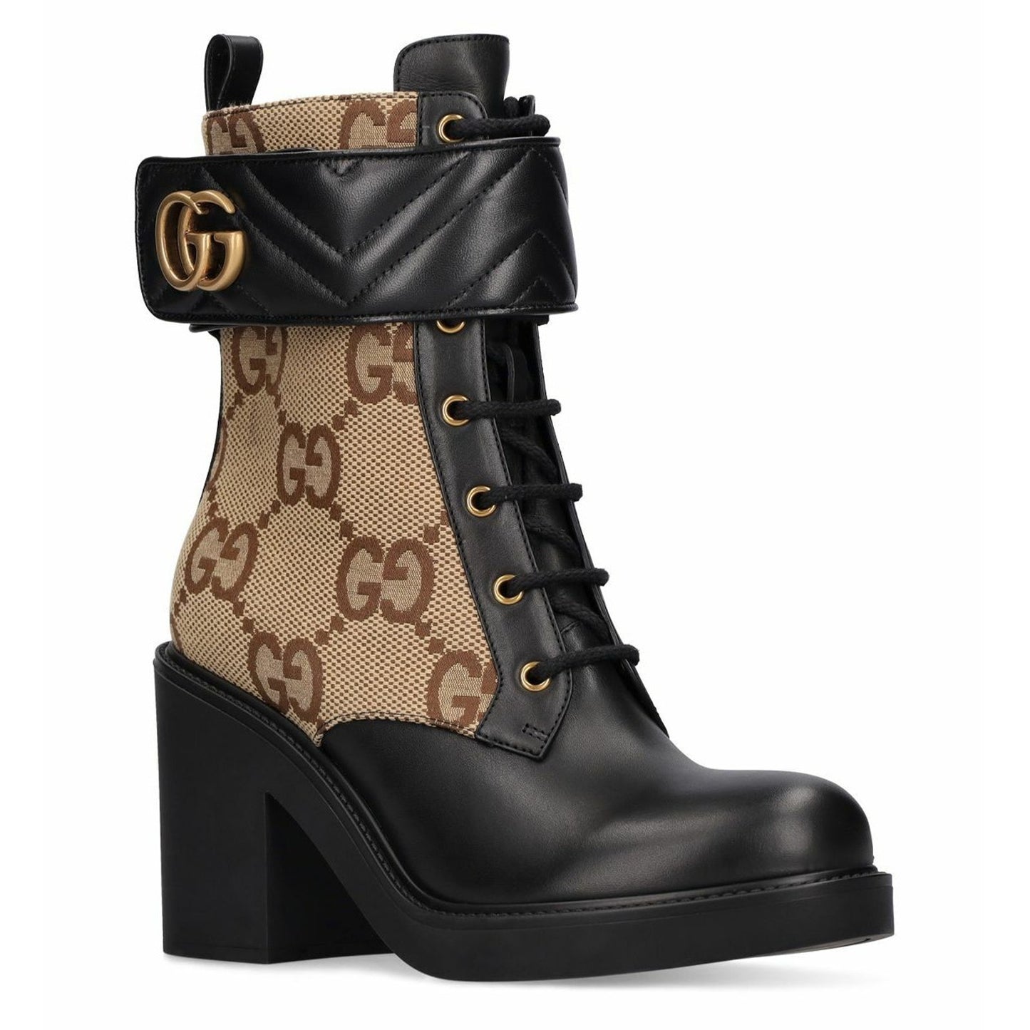 Gucci Beige & Black GG Marmont Combat Ankle Boots  Leather Canvas