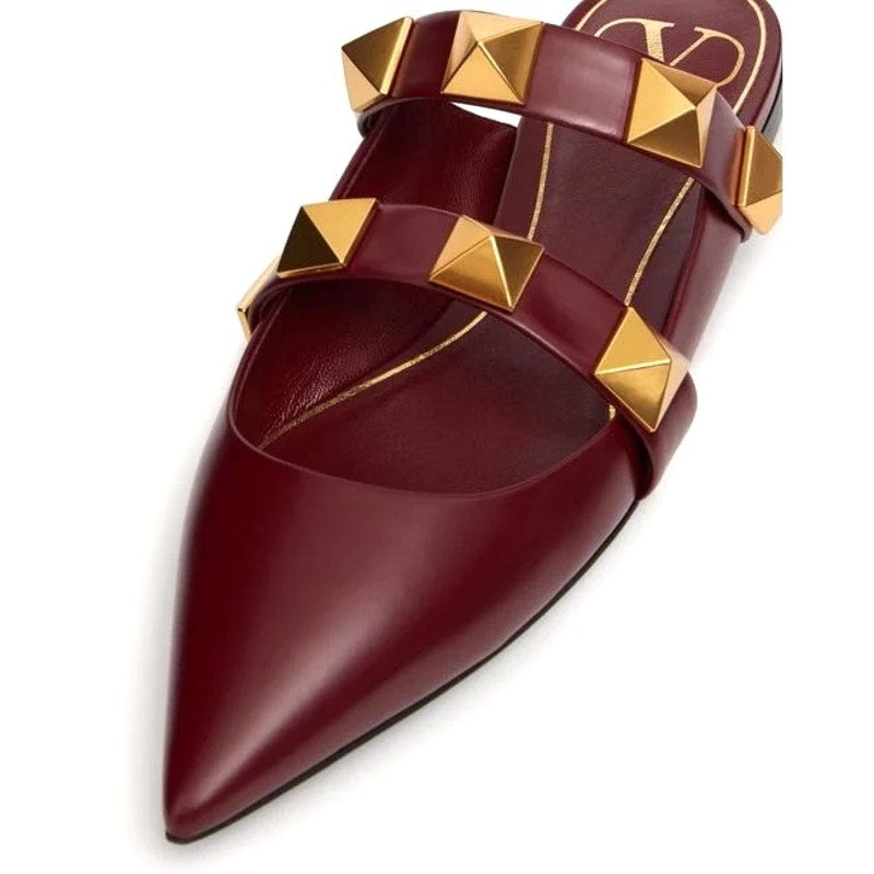 Valentino Garavani Burgundy Roman Stud Flat Leather Mules Gold 35.5