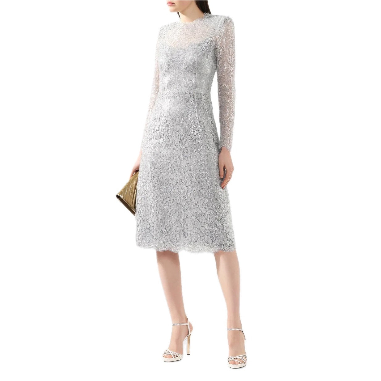 NWT DOLCE & GABBANA Cordonetto Lace Midi Dress Long Sleeves Silver 40 S