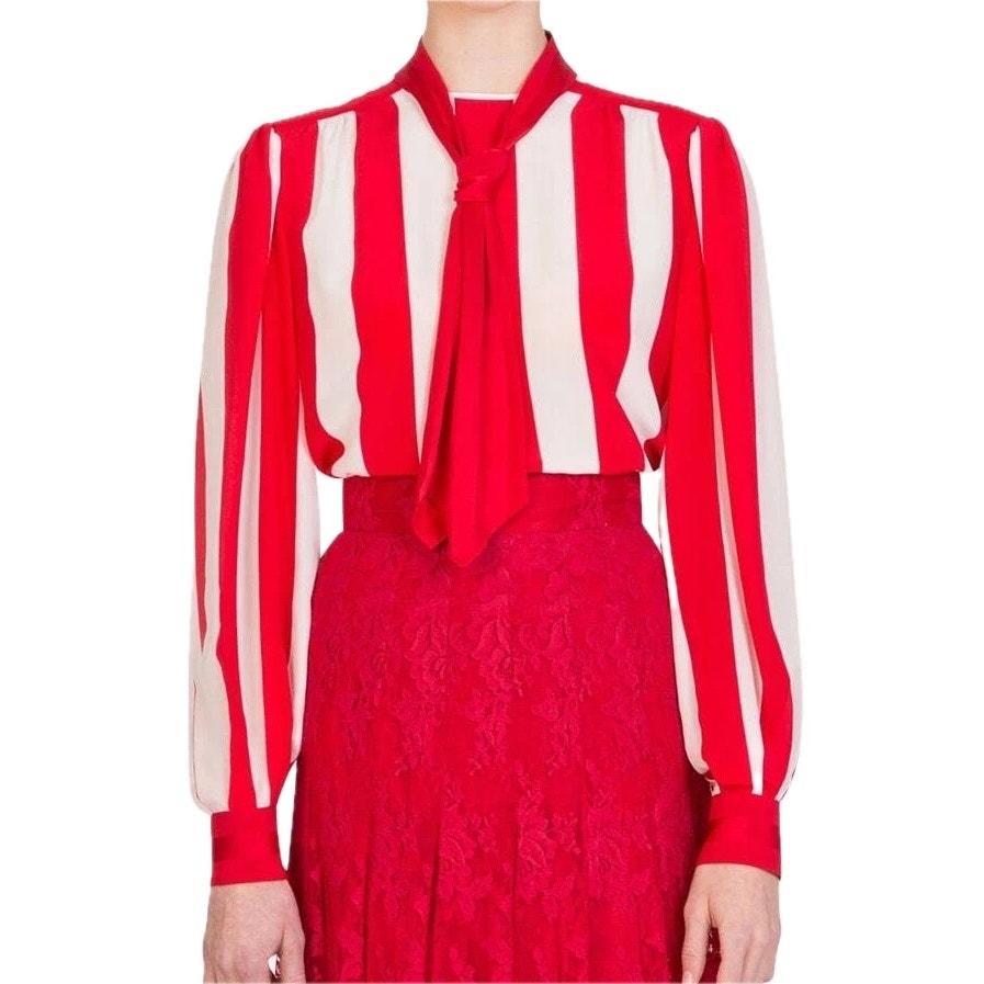 NWT Dolce & Gabbana Red White Striped Silk Crepe De Chine Blouse IT 40 S