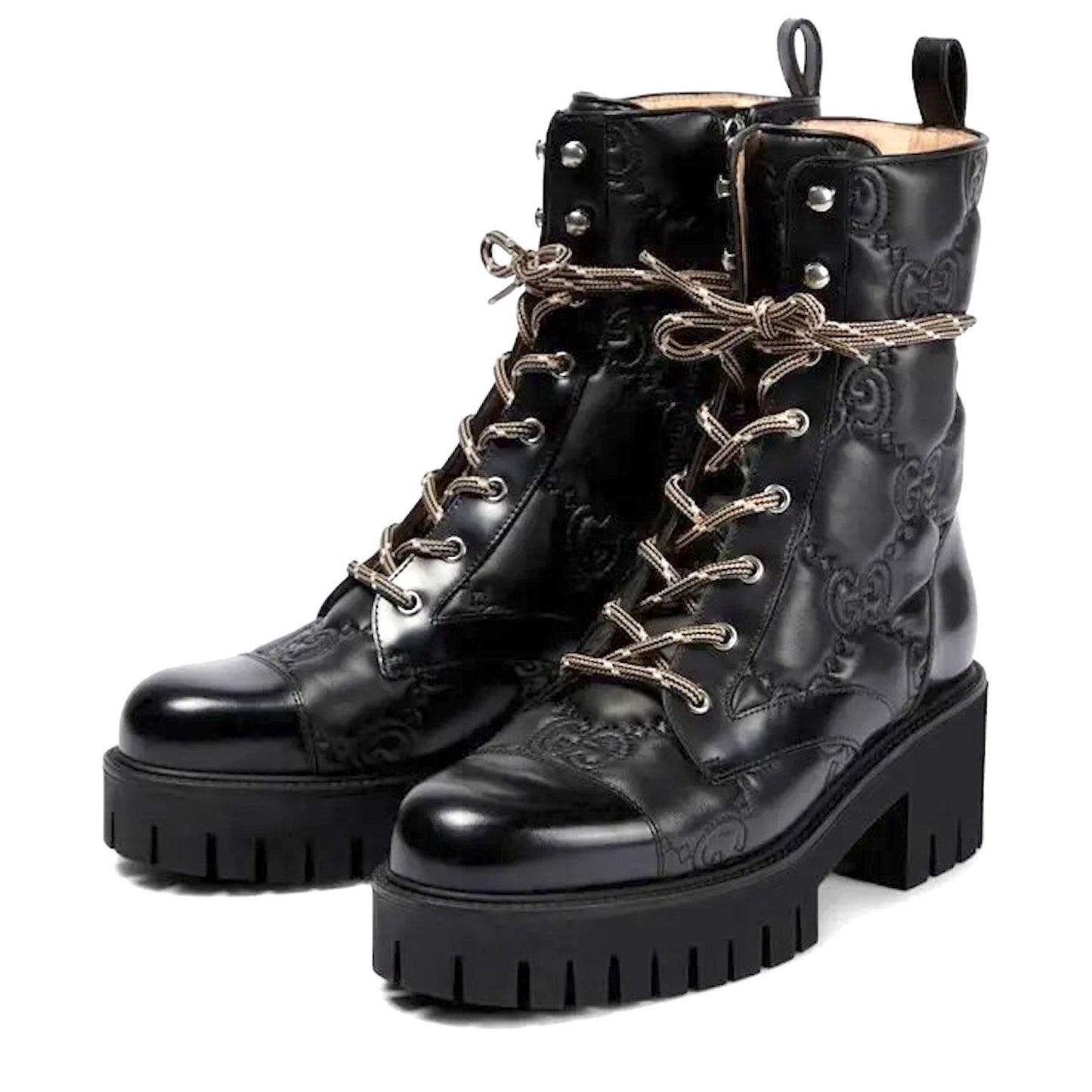 Gucci Women's GG Matelassé Leather Quilted Platform Combat Boots Black