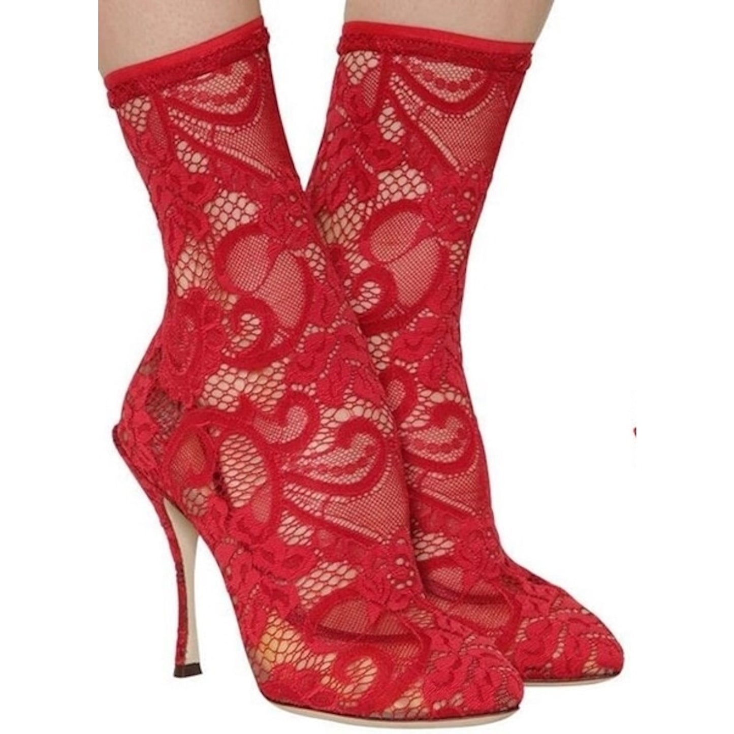 Dolce & Gabbana Stretch Lace Sock Ankle Boots Booties Red