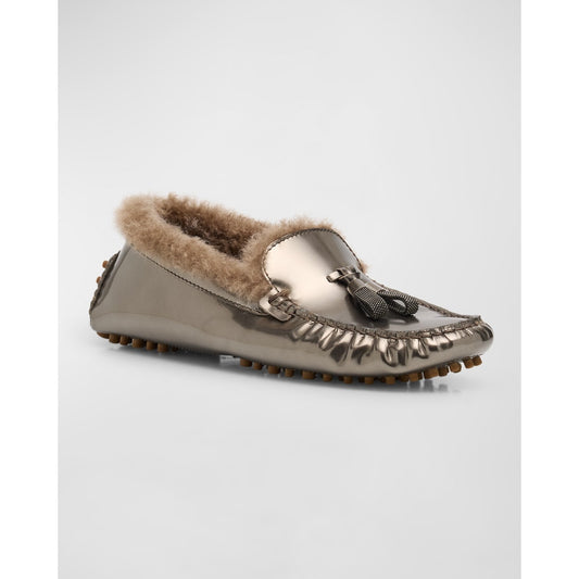 Brunello Cucinelli Monili-embellished Metallic Lamb Shearling Fur Driver Loafers