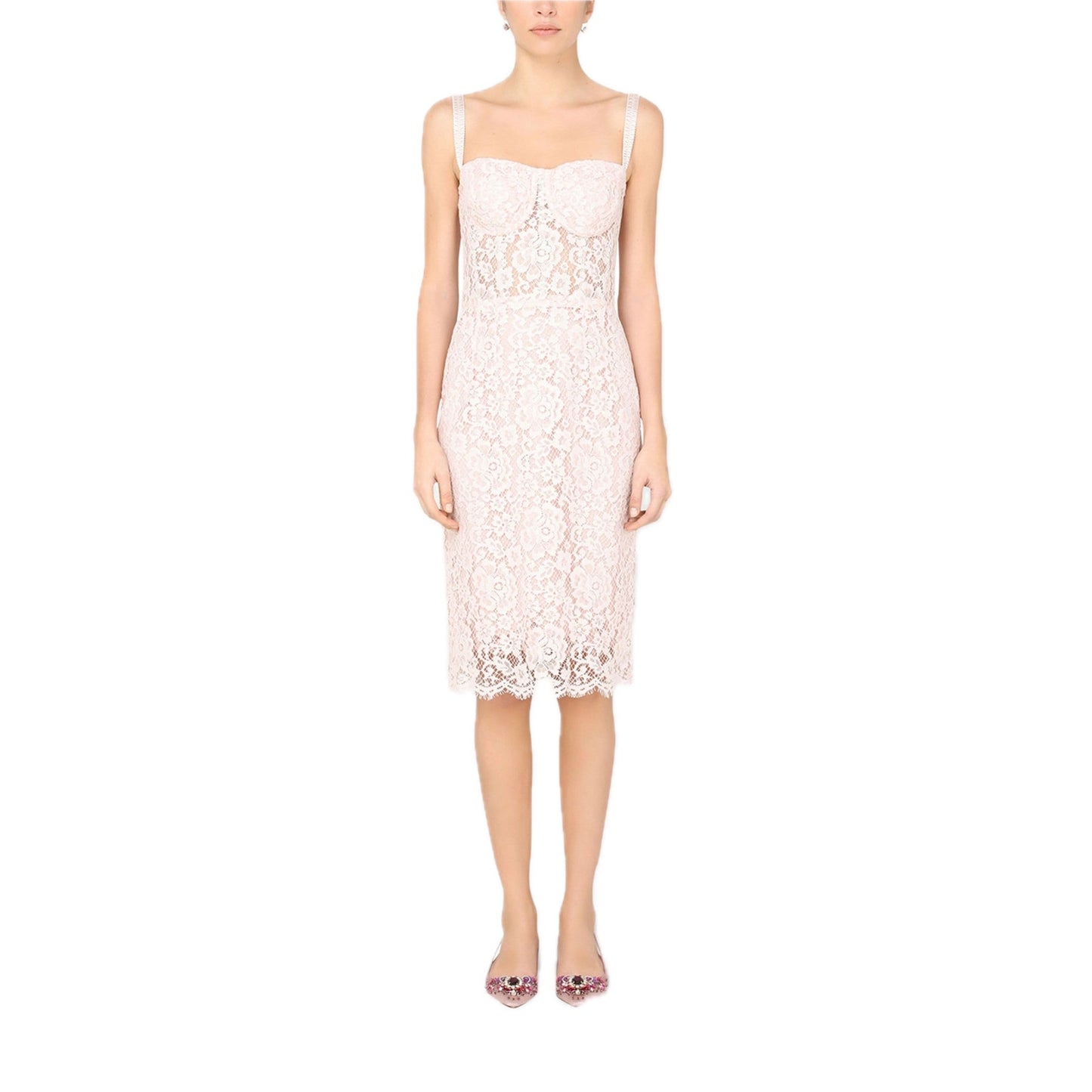 NWT DOLCE & GABBANA Floral Lace Bustier MIdi Dress Pink IT 44 / L