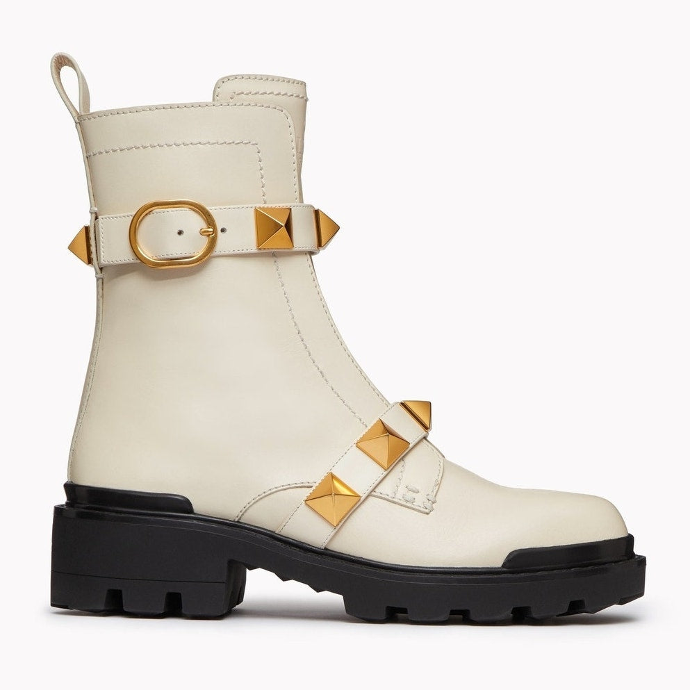 Valentino Garavani Roman Stud Ankle Boots in Calfskin 120mm Ivory Gold 36