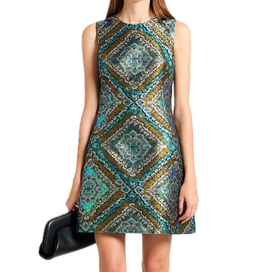 DOLCE & GABBANA Green Metallic  Jacquard Sleeveless Mini Dress 42 M