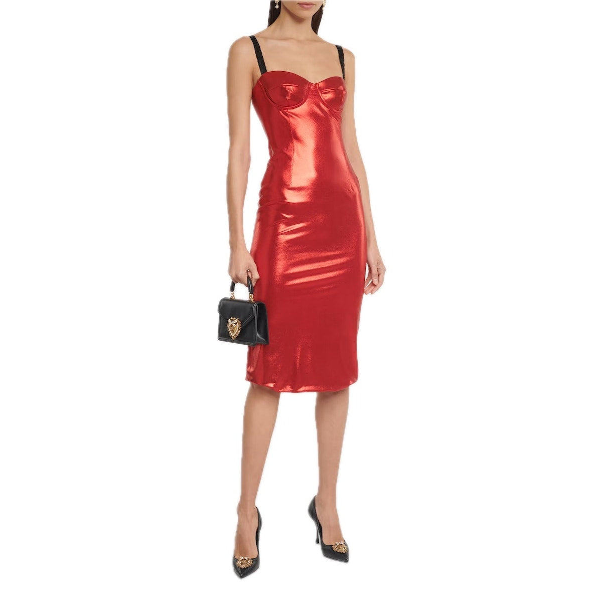 DOLCE & GABBANA Red Laminated Bustier Midi Dress 40 S