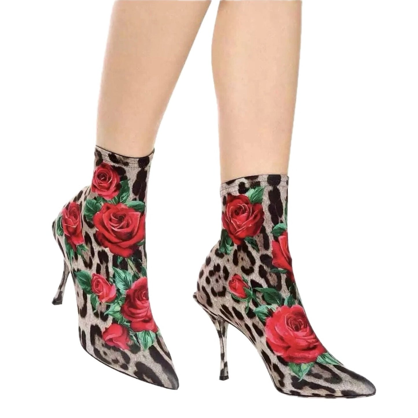 Dolce & Gabbana Floral Leopard Rose Print Stretch booties boots Tan Red 35.5