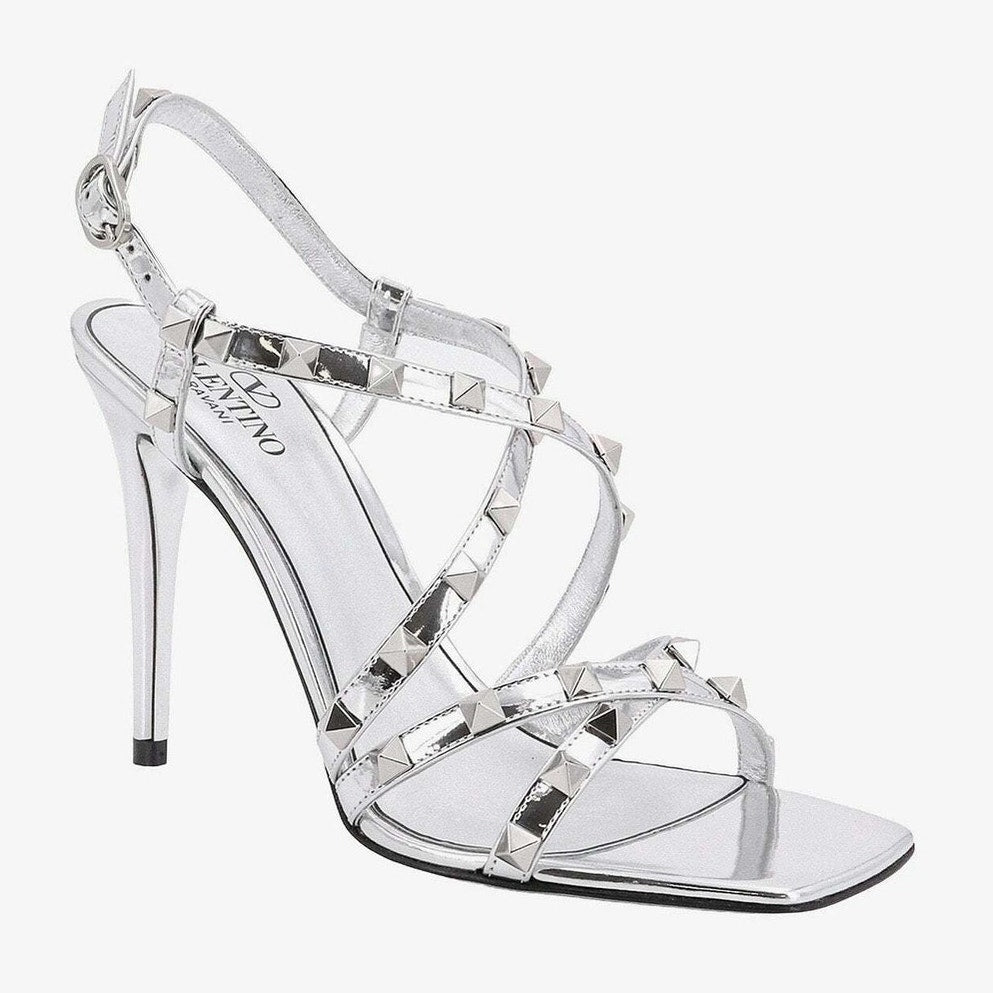 NIB Valentino Garavani Silver 100 Rockstud Mirrored Strappy Sandals 36