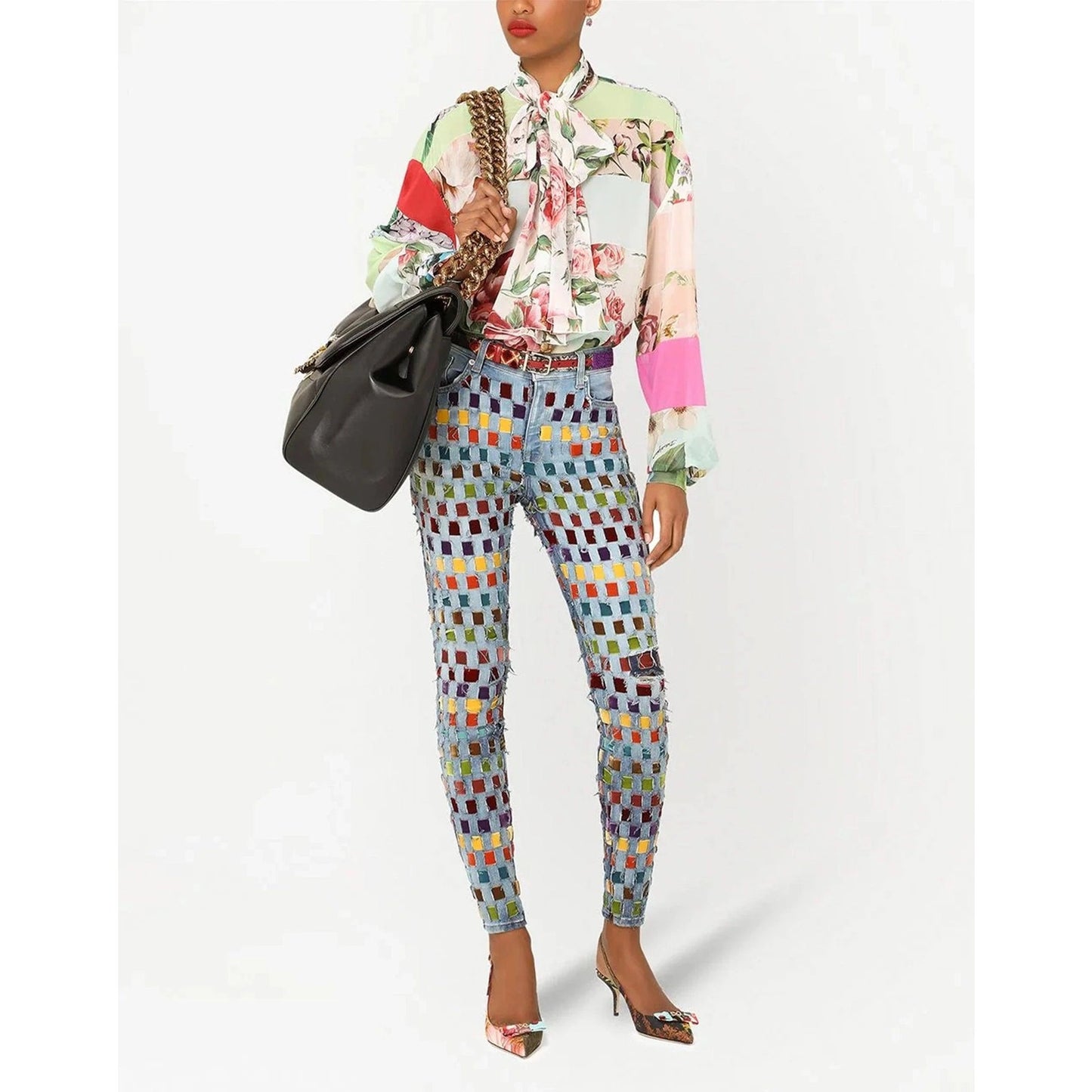 NWT Dolce & Gabbana Floral Patchwork Blouse Tie Collar Silk Shirt Pink IT 38 XS