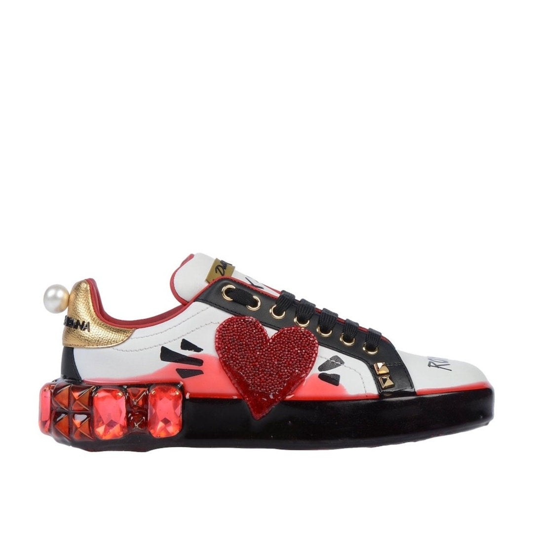 Dolce & Gabbana Portofino Calfskin Heart Rhinestone Sneakers White Red