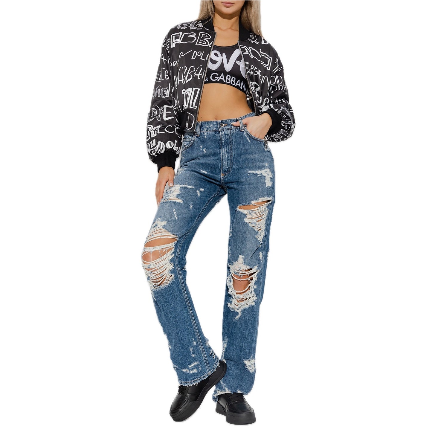 NWT Dolce & Gabbana Black White Logo Print Zip up Bomber Jacket IT 38 US XS