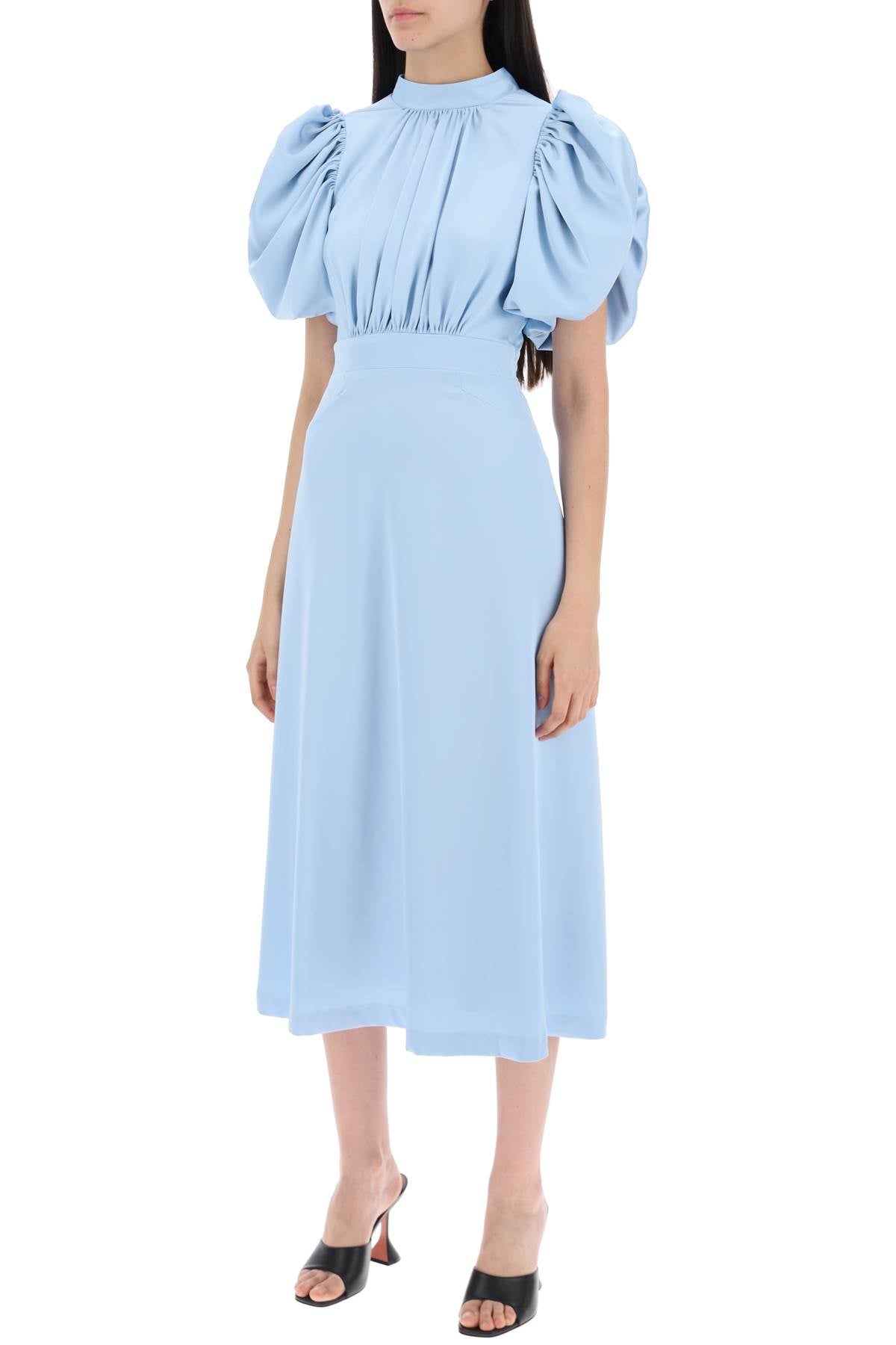 Rotate Midi Satin Dress With Balloon Sleeves