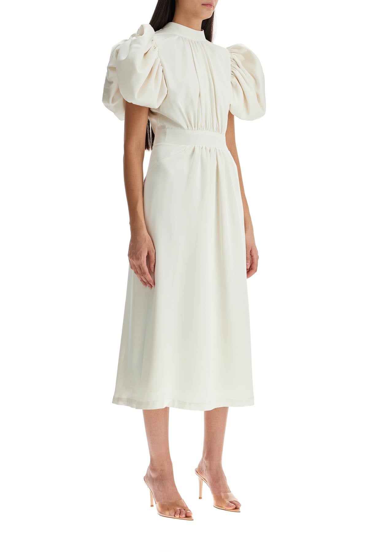 Rotate Midi Satin Dress With Puff Sleeves