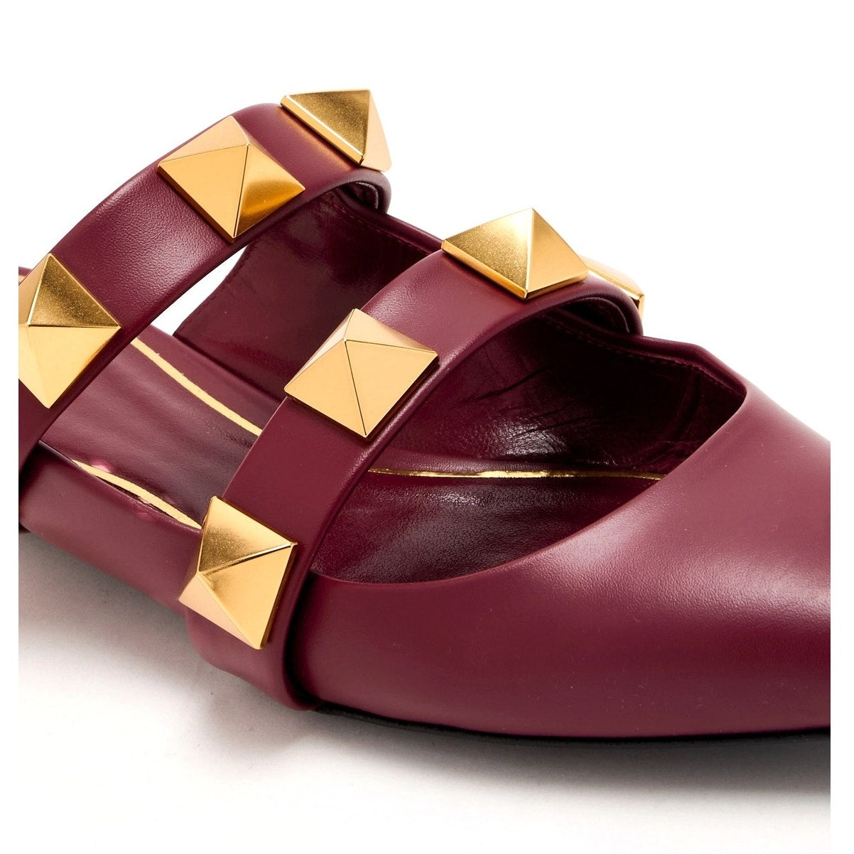 Valentino Garavani Burgundy Roman Stud Flat Leather Mules Gold 35.5