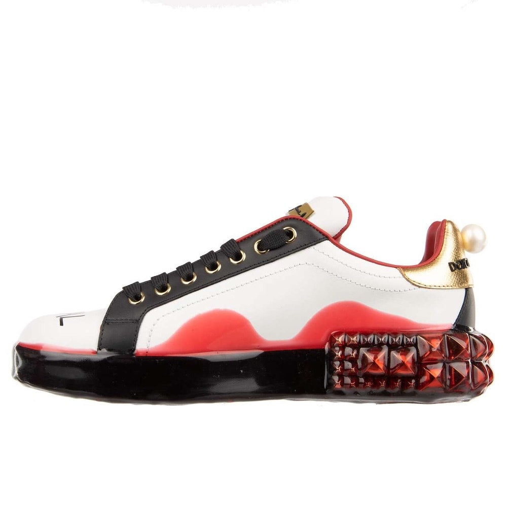 Dolce & Gabbana Portofino Calfskin Heart Rhinestone Sneakers White Red