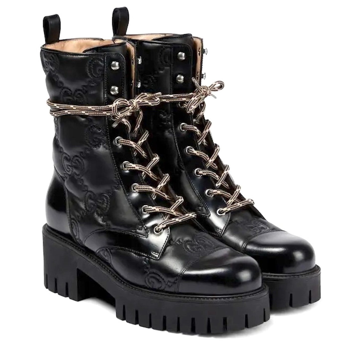 Gucci Women's GG Matelassé Leather Quilted Platform Combat Boots Black