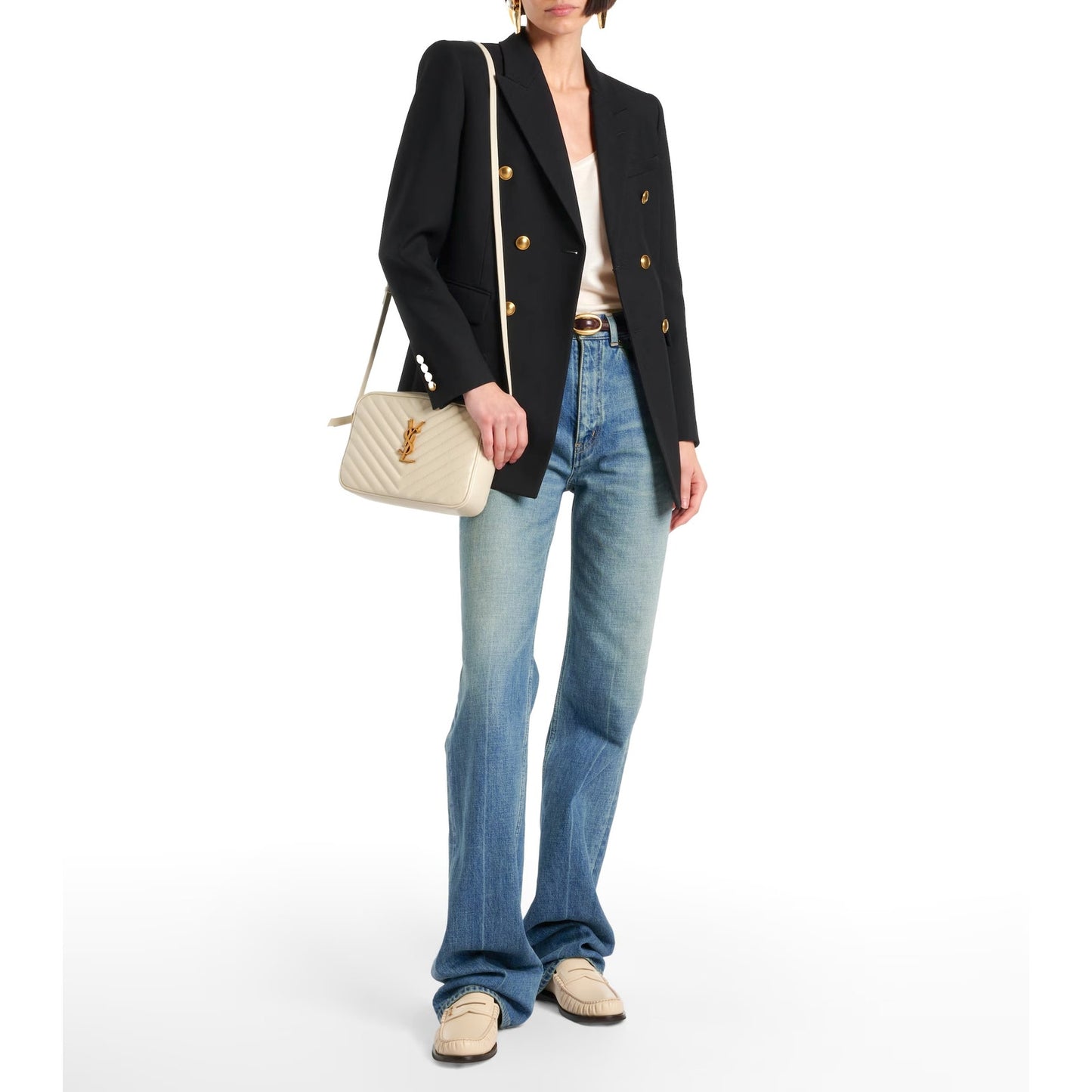 NIB Saint Laurent YSL Logo Plaque Leather Penny Loafers White