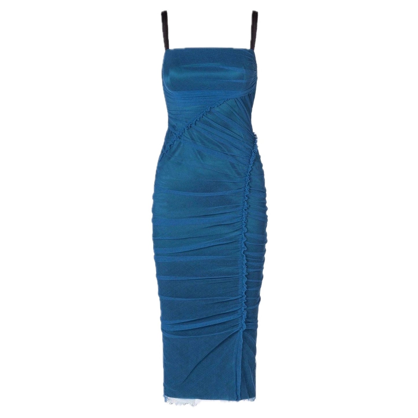 NWT Dolce & Gabbana Blue Tulle Ruched Mesh Bodycon Midi Dress 44 L