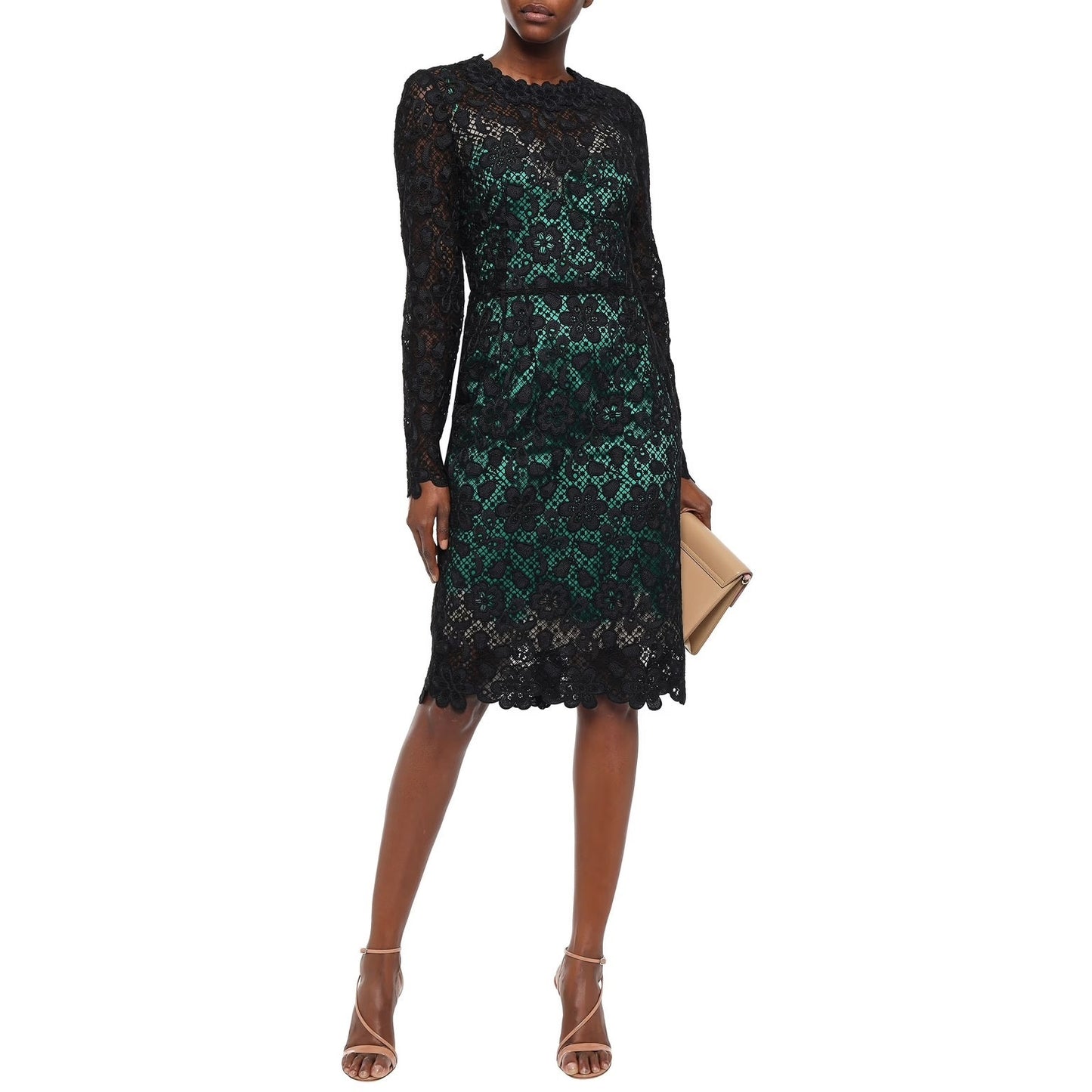 Dolce & Gabbana Black Green Long-Sleeve Lace Dress Contrast Slip