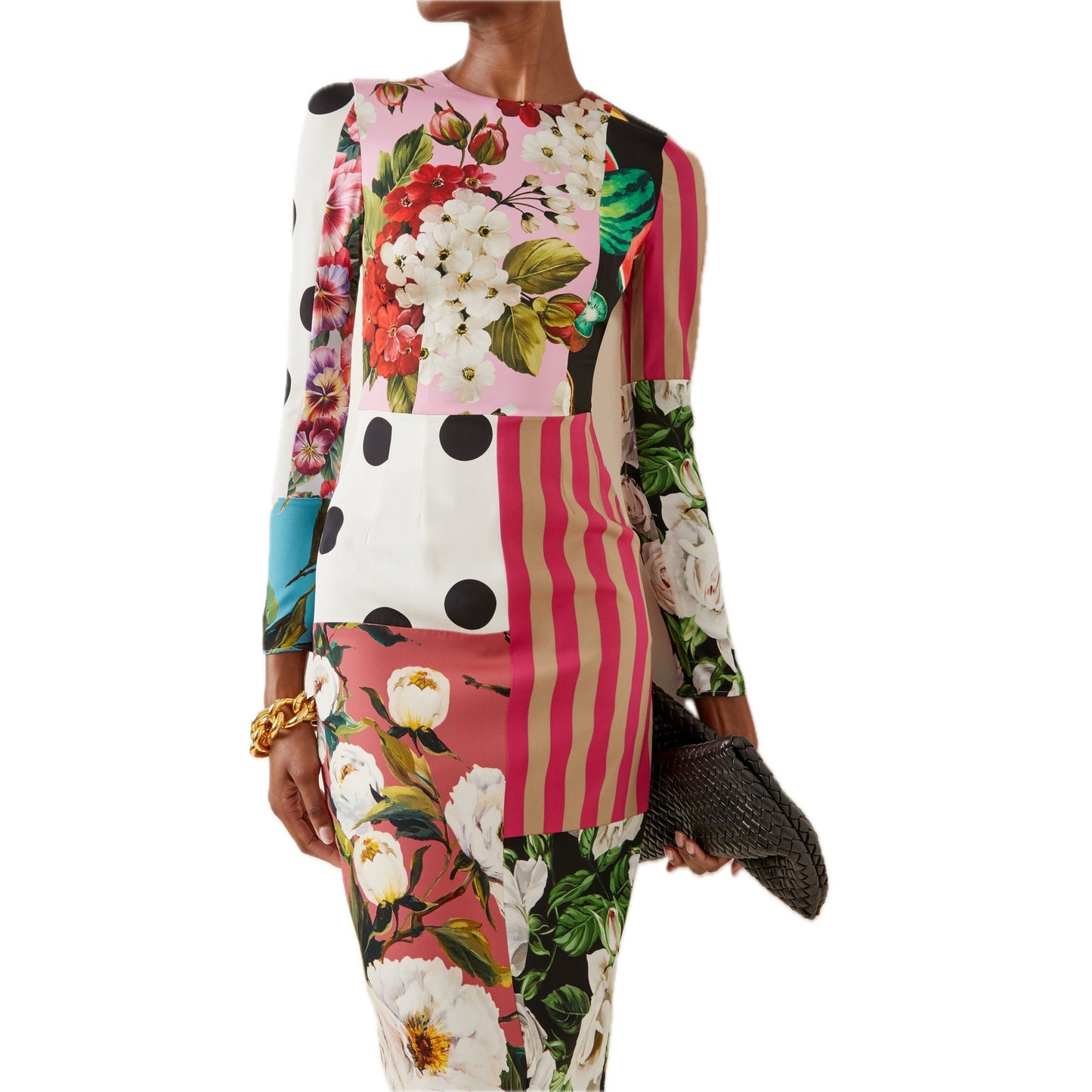 NWT Dolce & Gabbana Runway Multicolor Patchwork Long Sleeve Midi Dress IT 40 S