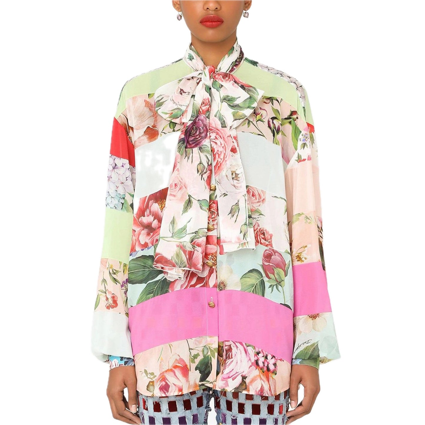 NWT Dolce & Gabbana Floral Patchwork Blouse Tie Collar Silk Shirt Pink IT 38 XS